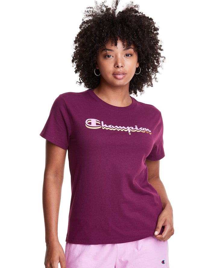 Champion Dame T-Shirts MørkeLilla - Classic Drop Shadow Foil Script Logo - Danmark NTM-263817